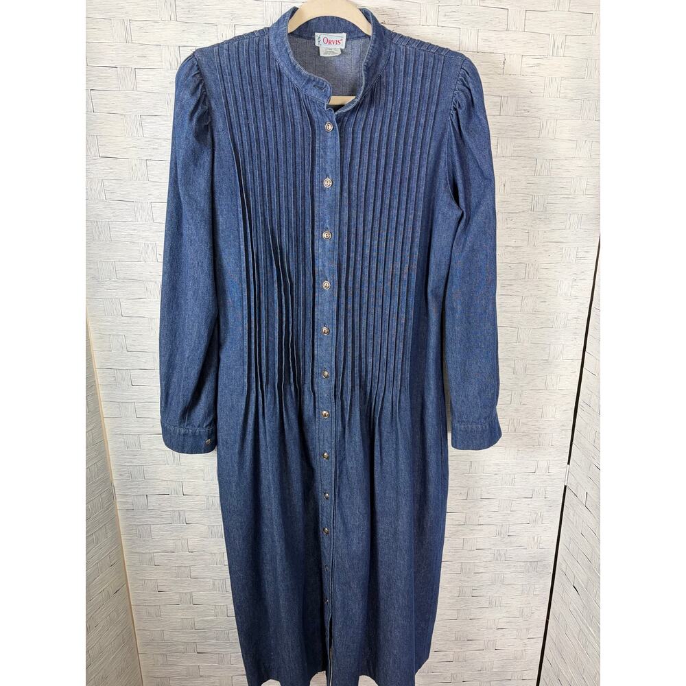Vintage Orvis women's dress denim Midi long sleeve pen Tuck pleat pockets